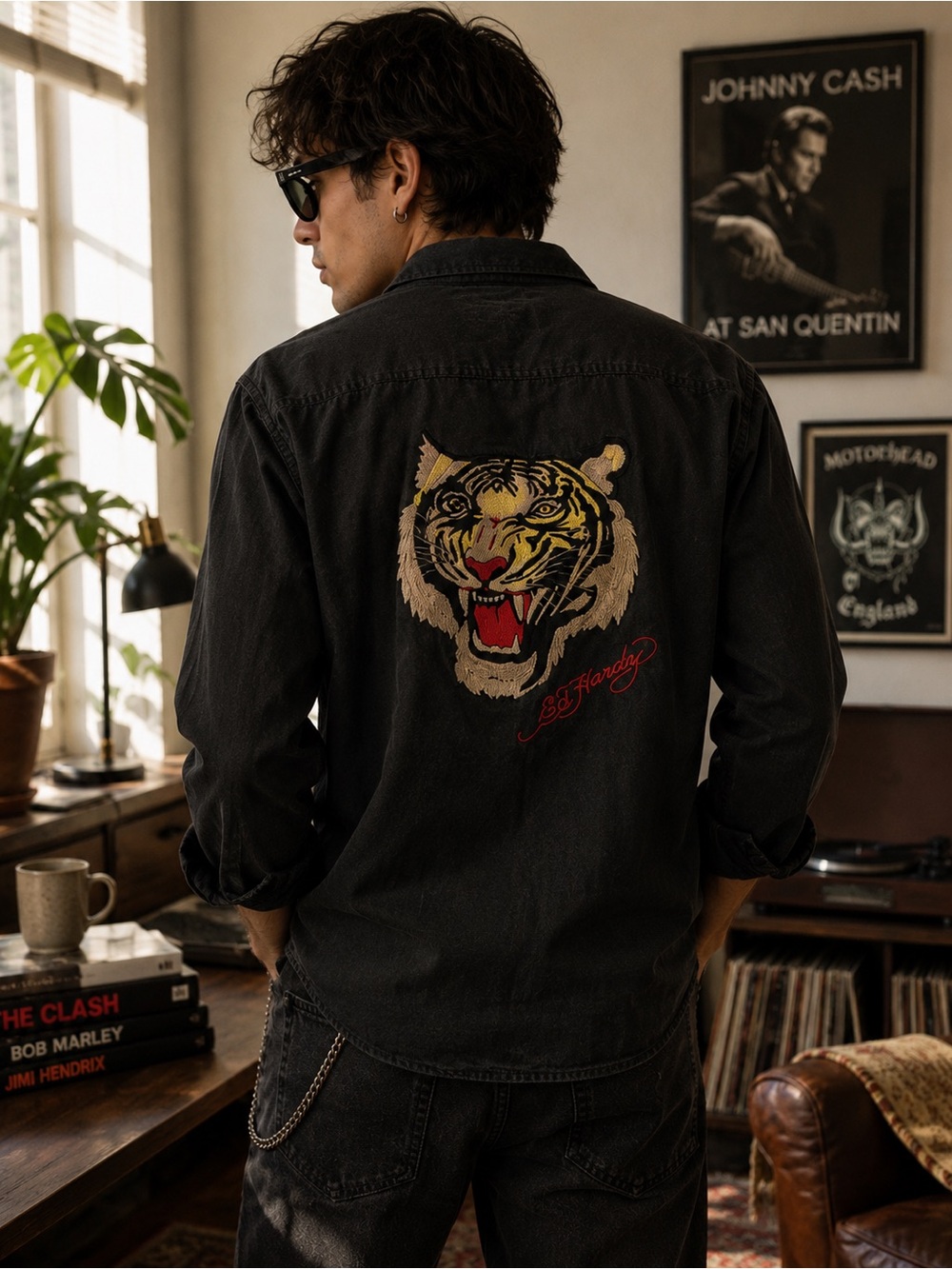 Ed Hardy Tiger Embroidered Button Front Shirt Black Cotton Size L Y2K
